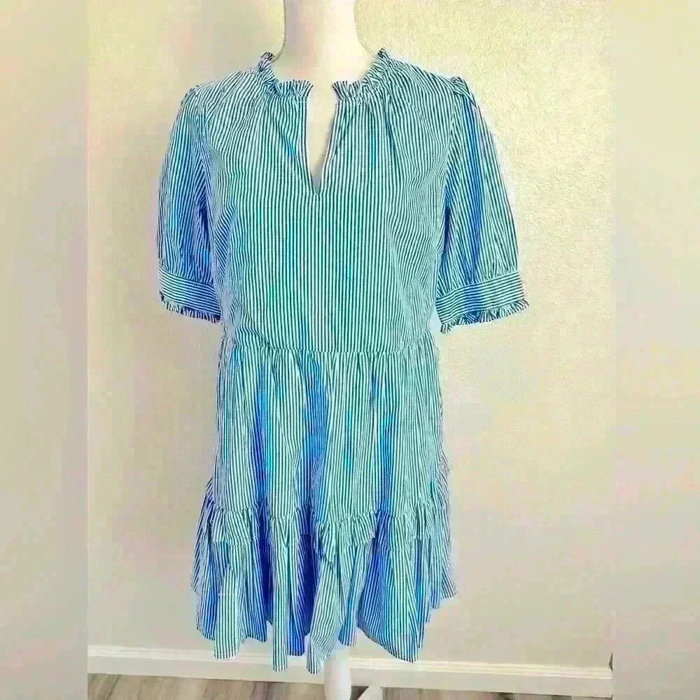 J. Crew Stripe Ruffleneck Tiered Popover Dress Size Medium Petite